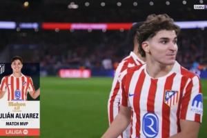0球0助攻但送出6关键传球！西甲官方：阿尔瓦雷斯当选本场MVP